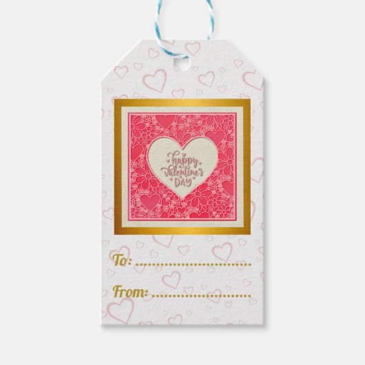 赤エレガントとピンクのフローラハートバレンタインデー ギフトタグ (正面)