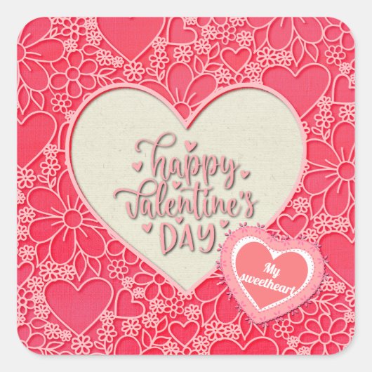 赤エレガントとピンクのフローラハートバレンタインデー スクエアシール (正面)