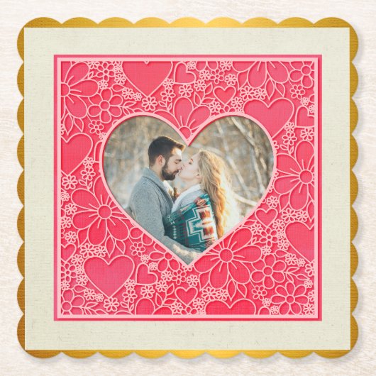 赤エレガントとピンクのフローラハートバレンタインデー ペーパーコースター (正面)