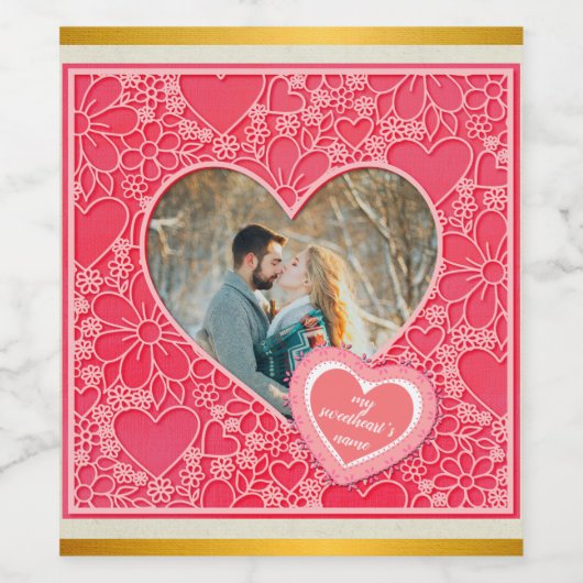 赤エレガントとピンクのフローラハートバレンタインデー ワインラベル (シングルラベル)