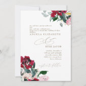 赤エレガントとピンクのフローラ両結婚親 招待状 (正面)