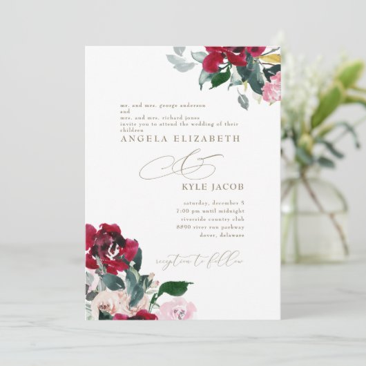 赤エレガントとピンクのフローラ両結婚親 招待状 (スタンド正面)