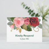 赤エレガントとピンクのローズ縁どウェディングRSVP 出欠カード (スタンド正面)
