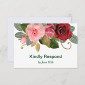赤エレガントとピンクのローズ縁どウェディングRSVP 出欠カード (正面/裏面)