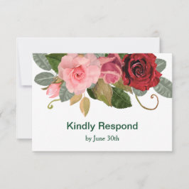 赤エレガントとピンクのローズ縁どウェディングRSVP 出欠カード