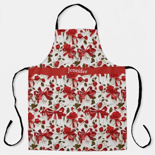 赤エレガントとピンクの弓とバラモノグラム エプロン (正面)