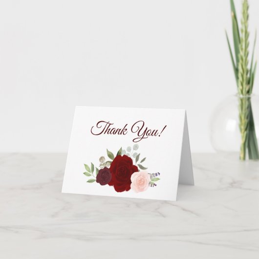 赤エレガントとピンクの水の色のバラの結婚写真 サンキューカード (正面)