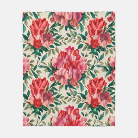 赤エレガントとピンクの花の花柄 フリースブランケット (正面)