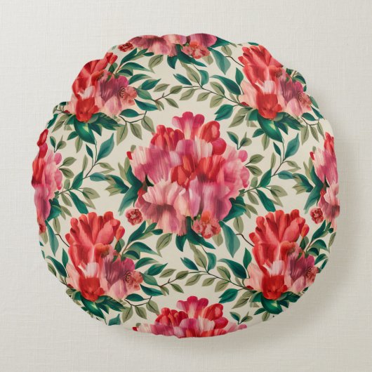 赤エレガントとピンクの花の花柄 ラウンドクッション (正面)