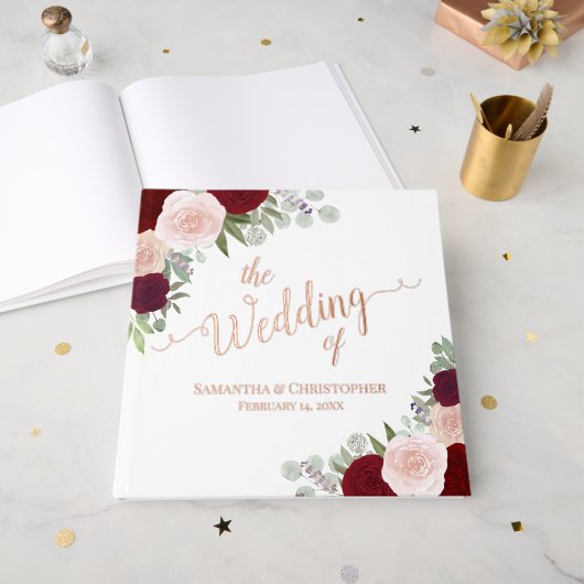 赤エレガントとピンクボホバラホイル結婚ズ ゲストブック (正面見開き)