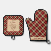 赤エレガントとベージュのタータンチェック格子柄ナナズキッチン 鍋つかみ&鍋敷きセット (正面)