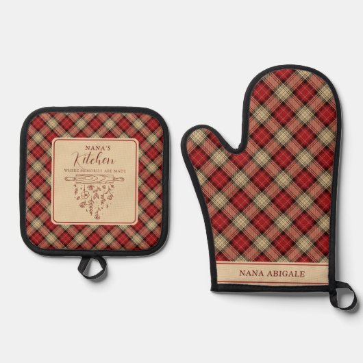 赤エレガントとベージュのタータンチェック格子柄ナナズキッチン 鍋つかみ&鍋敷きセット (正面)