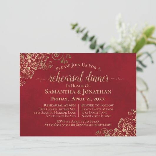赤エレガントとレースのよう金ゴールド結婚のリハーサル&ディナー 招待状 (スタンド正面)