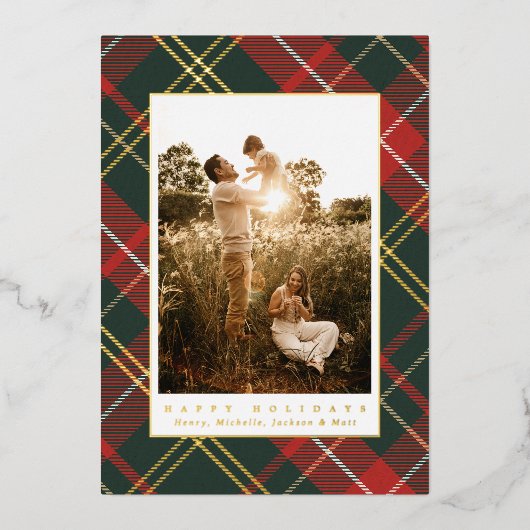 赤エレガントと伝統的緑の格子模様の写真 箔シーズンカード (正面)