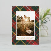 赤エレガントと伝統的緑の格子模様の写真 箔シーズンカード (立ち正面)