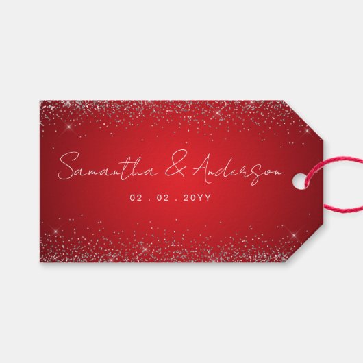赤エレガントと小さな輝くテーマ結婚 ギフトタグ (正面(横))