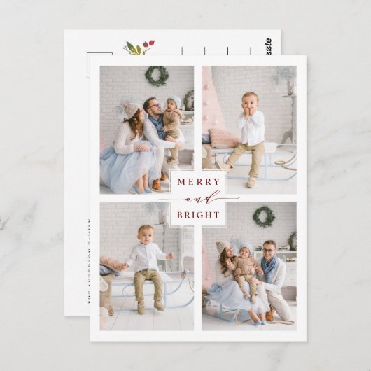 赤エレガントと明メリーるい4フォトホリデー ポストカード (正面/裏面)