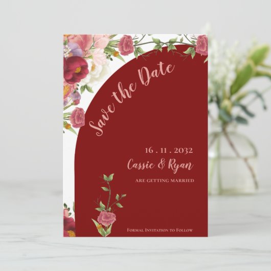 赤エレガントと桃のフローラアーチ日付を保存 (スタンド正面)