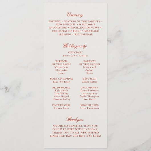 赤エレガントと濃い黒のブルー結婚の式 プログラム (裏面)