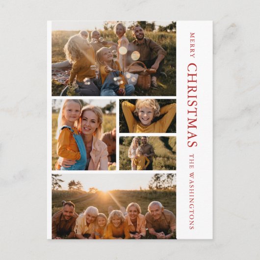 赤エレガントと白のクリスマス5写真コラージュInvi シーズンポストカード (正面)