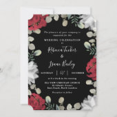 赤エレガントと白のフローラ緑の黒結婚色 招待状 (正面)
