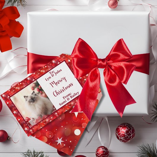 赤エレガントと白の休日のフォトラベル ギフトタグ