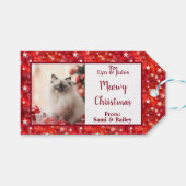 赤エレガントと白の休日のフォトラベル ギフトタグ (正面(横))