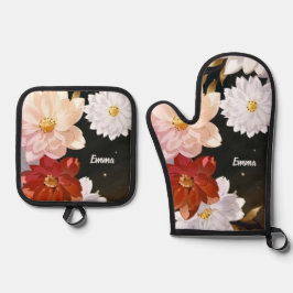 赤エレガントと白の水彩花のパターン名 鍋つかみ&鍋敷きセット