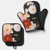赤エレガントと白の水彩花のパターン名 鍋つかみ&鍋敷きセット (正面/裏面)
