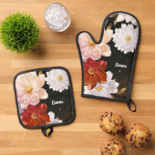 赤エレガントと白の水彩花のパターン名 鍋つかみ&鍋敷きセット (トップダウン)