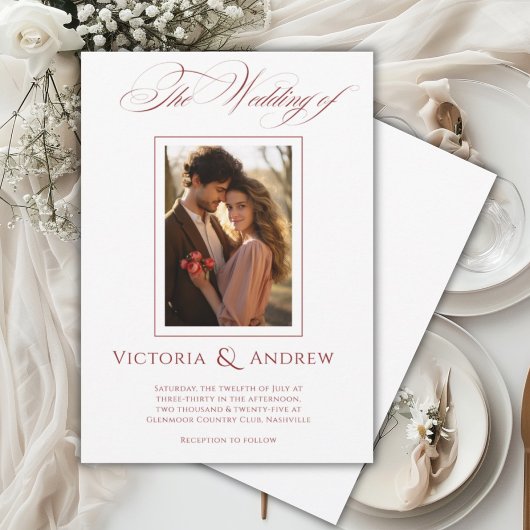 赤エレガントと白の結婚式招待状&写真 招待状