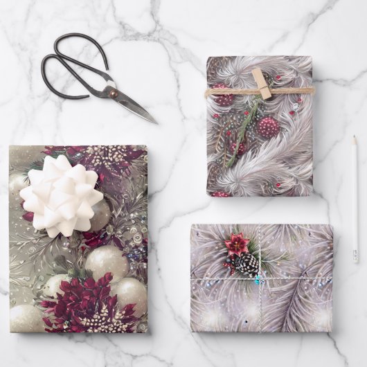 赤エレガントと白の羽のクリスマスビーズ ラッピングペーパーシート (正面)