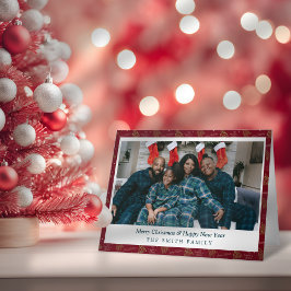 赤エレガントと緑のクリスマスと木と写真 カード