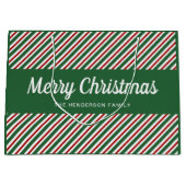 赤エレガントと緑のクリスマスストライプ ラージペーパーバッグ (正面)