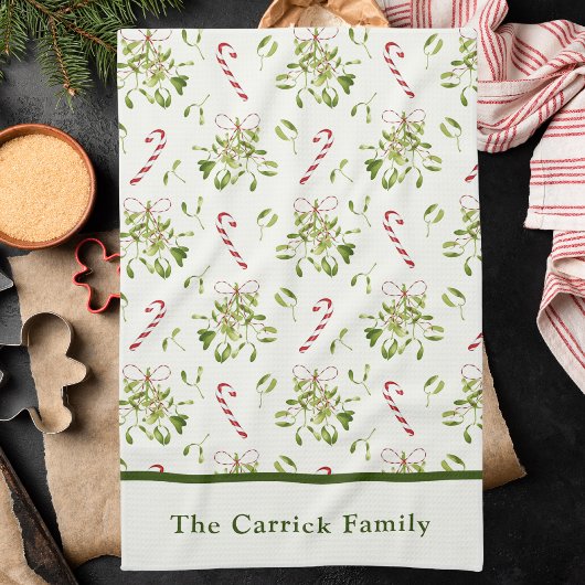 赤エレガントと緑のクリスマスボタニカル キッチンタオル
