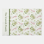 赤エレガントと緑のクリスマスボタニカル キッチンタオル (横)