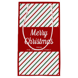 赤エレガントと緑のストライプクリスマス スモールペーパーバッグ