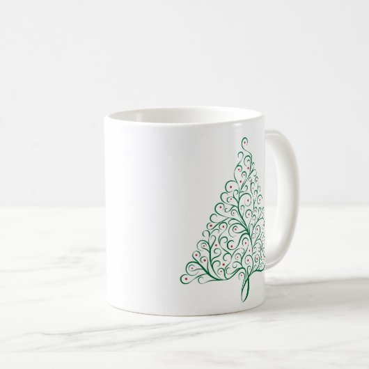 赤エレガントと緑の書道クリスマスツリー コーヒーマグカップ (正面右)