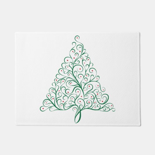 赤エレガントと緑の書道クリスマスツリー ドアマット (正面)