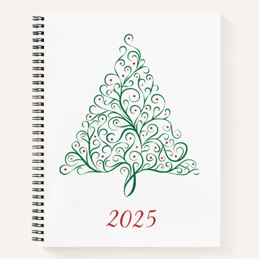 赤エレガントと緑の書道クリスマスツリー ノートブック (正面)