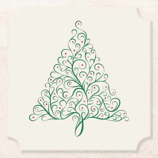 赤エレガントと緑の書道クリスマスツリー ペーパーコースター (正面)