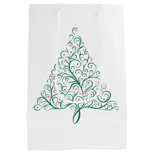 赤エレガントと緑の書道クリスマスツリー ミディアムペーパーバッグ (裏面)