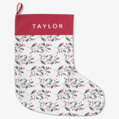 赤エレガントと緑の水の色ホリーブランチ ラージクリスマスストッキング (正面)