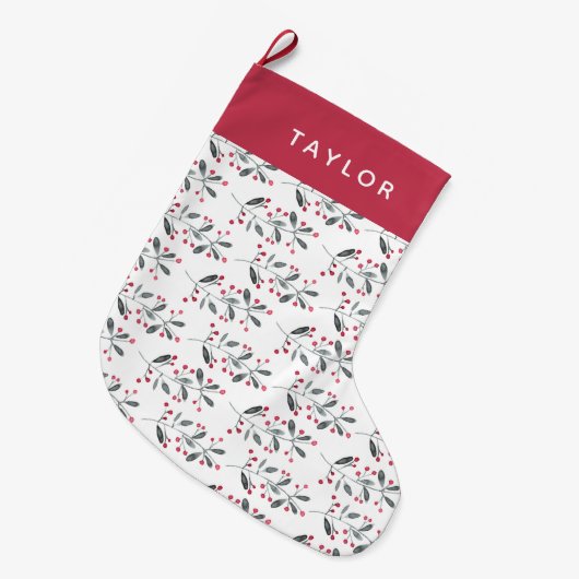 赤エレガントと緑の水の色ホリーブランチ ラージクリスマスストッキング (正面 (吊り時))