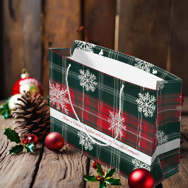 赤エレガントと緑の雪片の格子模様 ラージペーパーバッグ