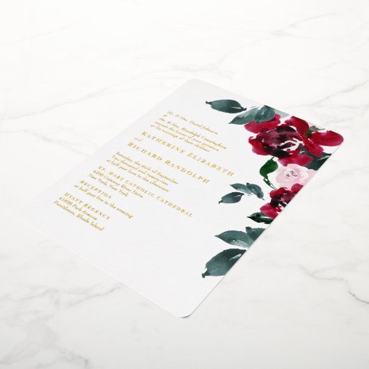 赤エレガントと赤面のフローラ丸結婚め金ゴールド 箔招待状 (回転した状態)