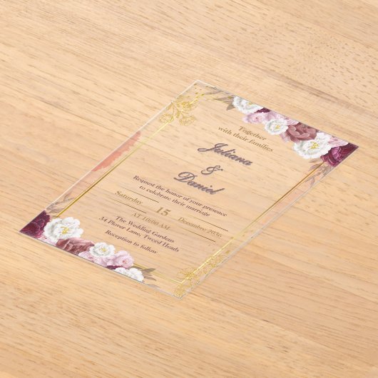 赤エレガントと金ゴールドのアクリル結婚式招待状 アクリル招待状 (レイダウン)