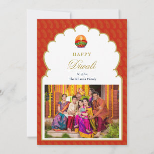 赤エレガントと金ゴールドのアーチのフレーム写真Diwaliカード シーズンカード