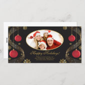 赤エレガントと金ゴールドのオーナメントクリスマスフォトカード。 シーズンカード (正面/裏面)