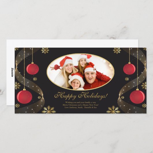 赤エレガントと金ゴールドのオーナメントクリスマスフォトカード。 シーズンカード (正面/裏面)
